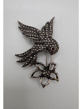 Avon Faux Marcasite Hummingbird Brooch Purple Rhinestone Vintage